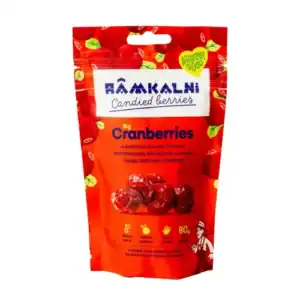 Šviežios spanguolės „Ramkalni“ prekės ženklo saldainių pakuotėje.